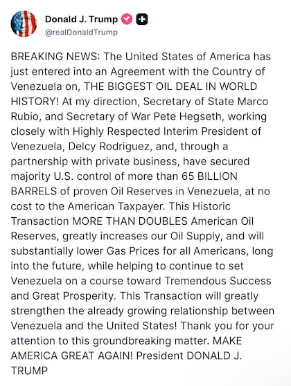 El anuncio de Trump en Truth Sociao sobre el petróleo venezolano