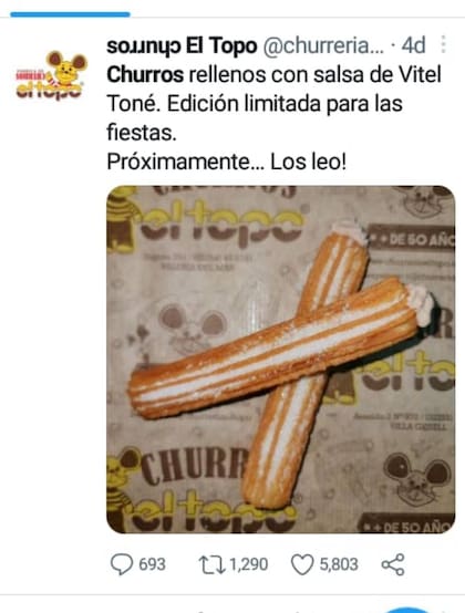 El anuncio del nuevo producto, los churros rellenos con vitel toné, fue realizado en la cuenta de Twitter de la churrería El Topo hace pocos días