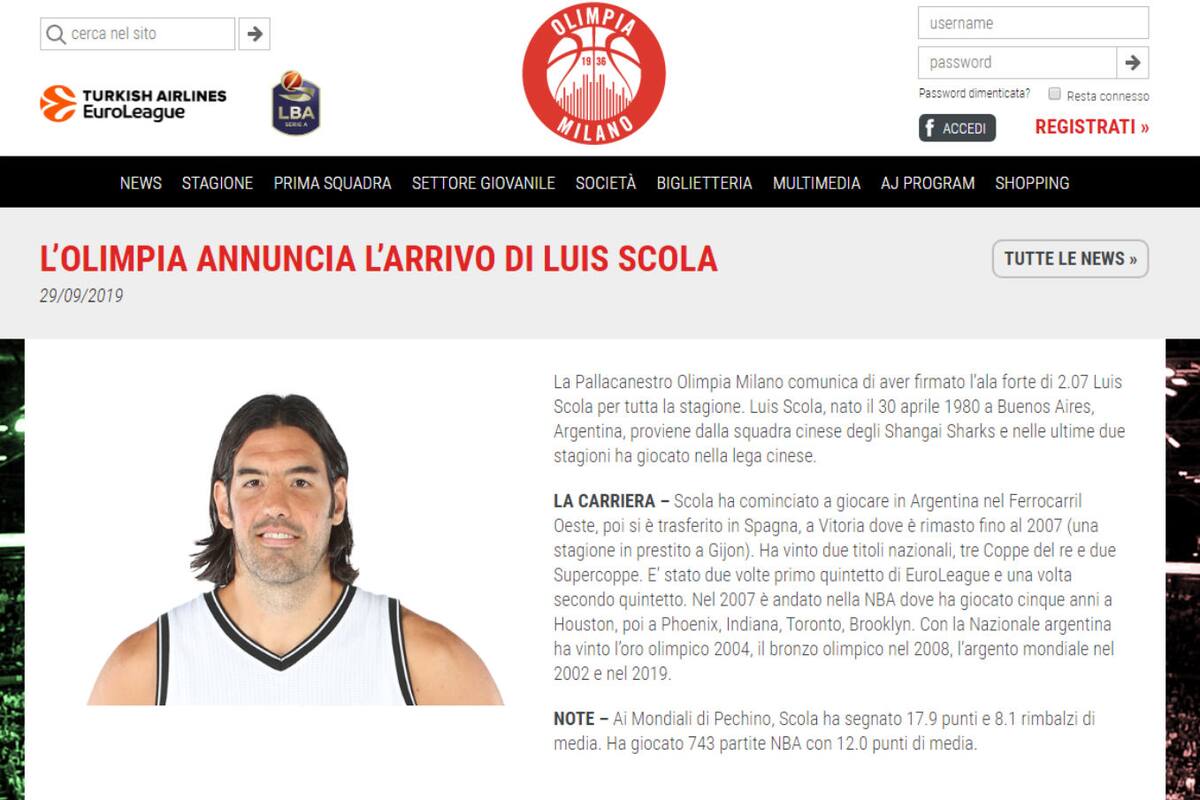 El anuncio en el sitio de Olimpia Milano