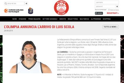 El anuncio en el sitio de Olimpia Milano