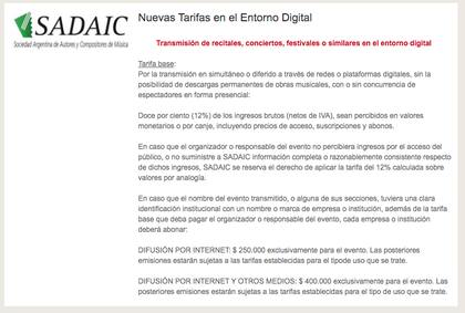 El anuncio en la página oficial de SADAIC