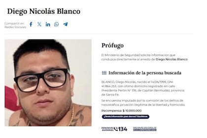 El anuncio oficial de la recompensa ofrecida por el prófugo Diego Nicolás "Pippo" Blanco