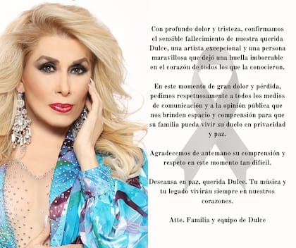 El anuncio oficial sobre el deceso de la cantante mexicana Dulce