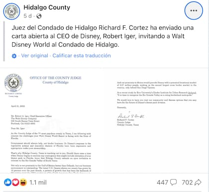 El anuncio sobre la carta enviada desde Hidalgo, Texas a Disney