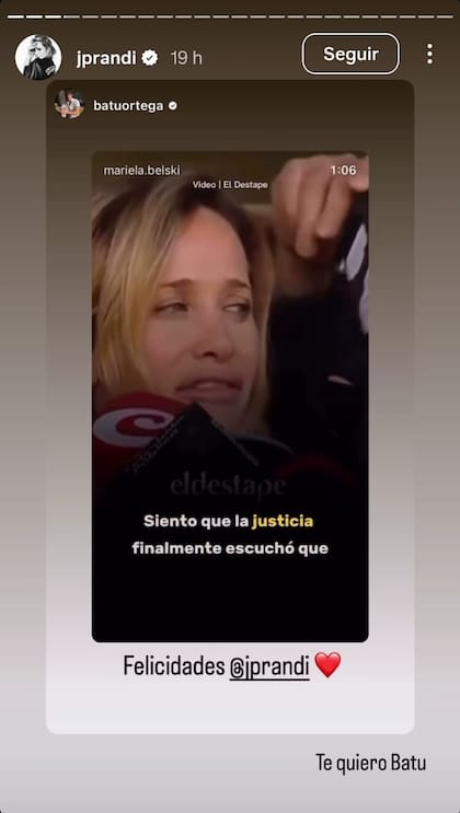 El apoyo de Bautista Ortega a Julieta Prandi