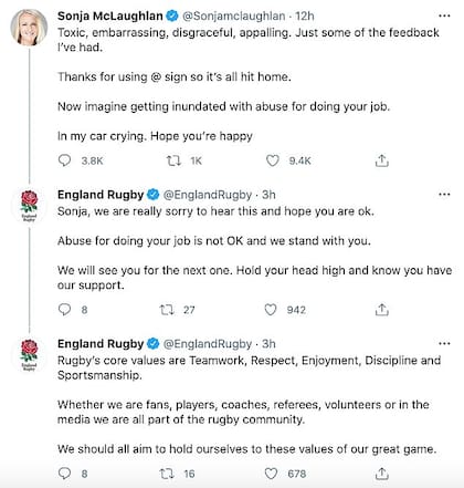 El apoyo de la selección de Inglaterra a Sonja McLaughlan. Crédito: Twitter