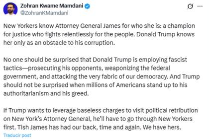 El apoyo de Mamdani a la fiscal general tras ser acusada por Trump de fraude