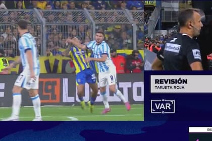 El árbitro Herrera, tras ser llamado por el VAR, le muestra la roja a Maravilla Martínez: golpe con el brazo a Coronel, de Rosario Central