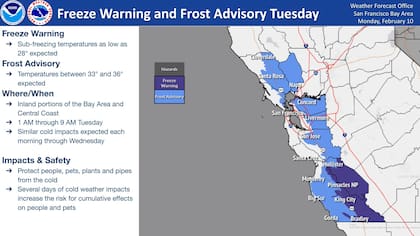 El área de la bahía de San Francisco enfrentará temperaturas de hasta -2 °C, con sensaciones térmicas que podrían descender a -6 °C en zonas como la costa de Mendocino