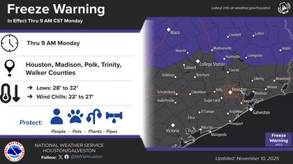 El área metropolitana de Houston experimentó sus primeras temperaturas bajo cero del otoño en condados del norte como Trinity, Madison y Polk
