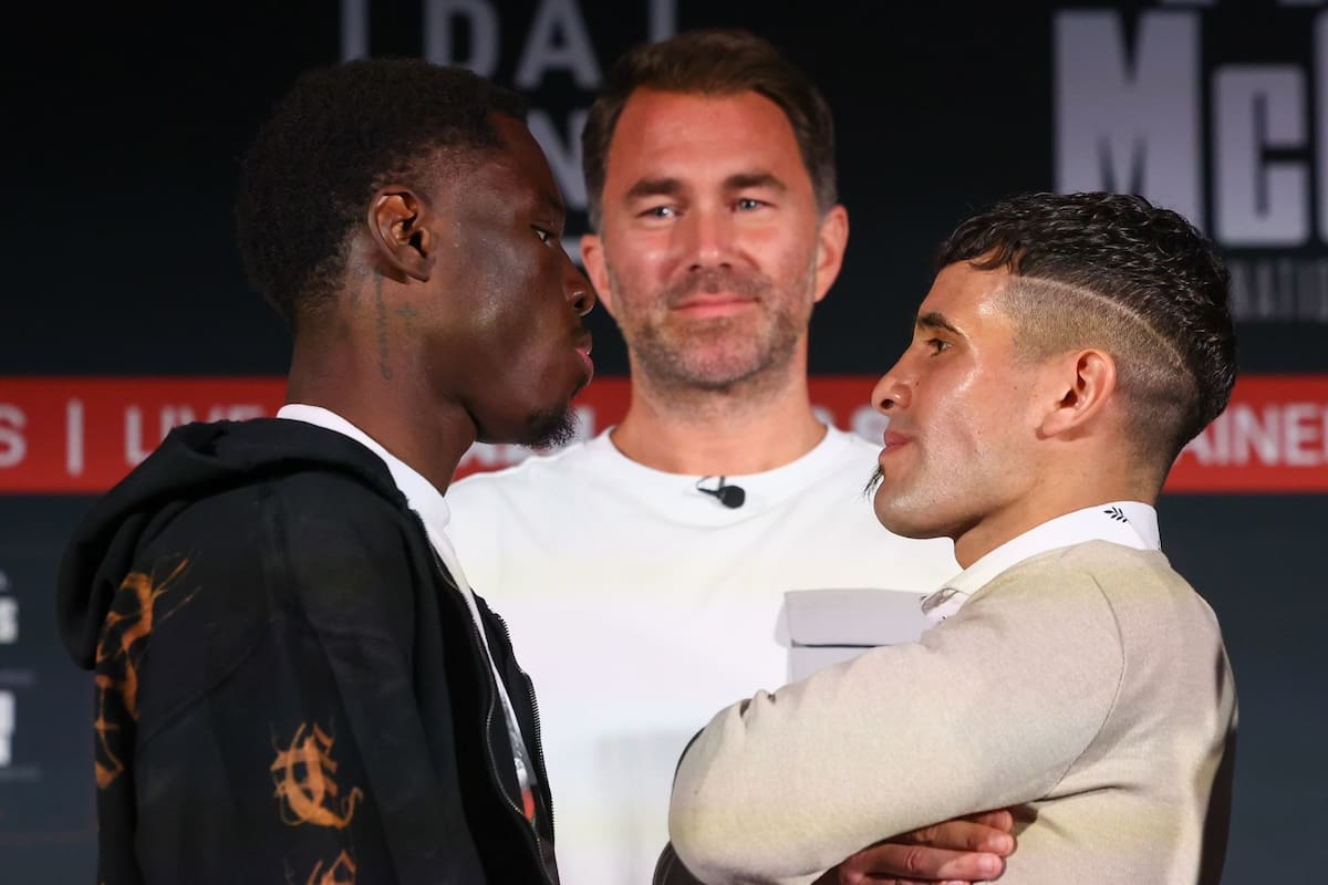 El argentino Gustavo Lemos, cara a cara con el estadounidense Richardson Hitchins, en la previa del combate que realizarán en Las Vegas