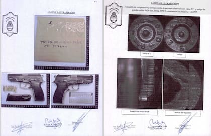 El arma del policía García Tonzo y los proyectiles peritados