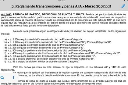 El artículo 109 del reglamento de transgresiones y penas de AFA, de confusa redacción.