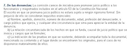 El artículo 7 del reglamento interno de la Comisión de Juicio Político