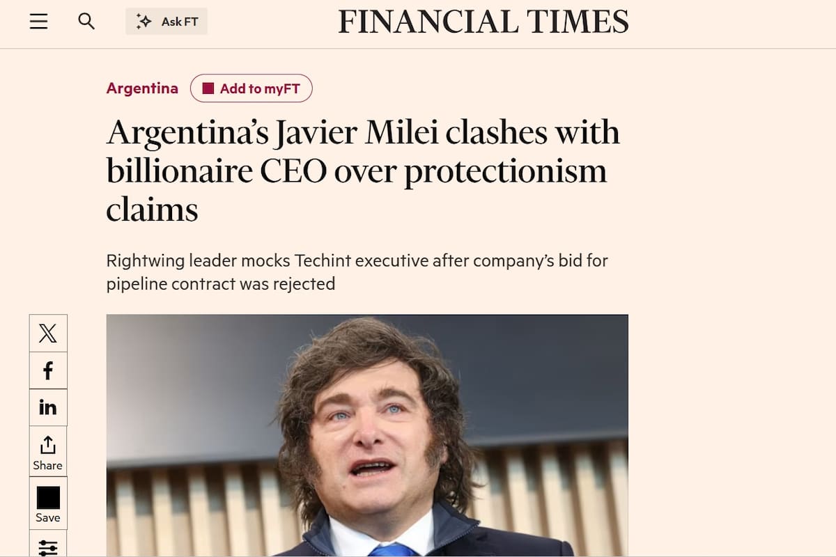 El artículo de Financial Times sobre la pelea entre Milei y Rocca