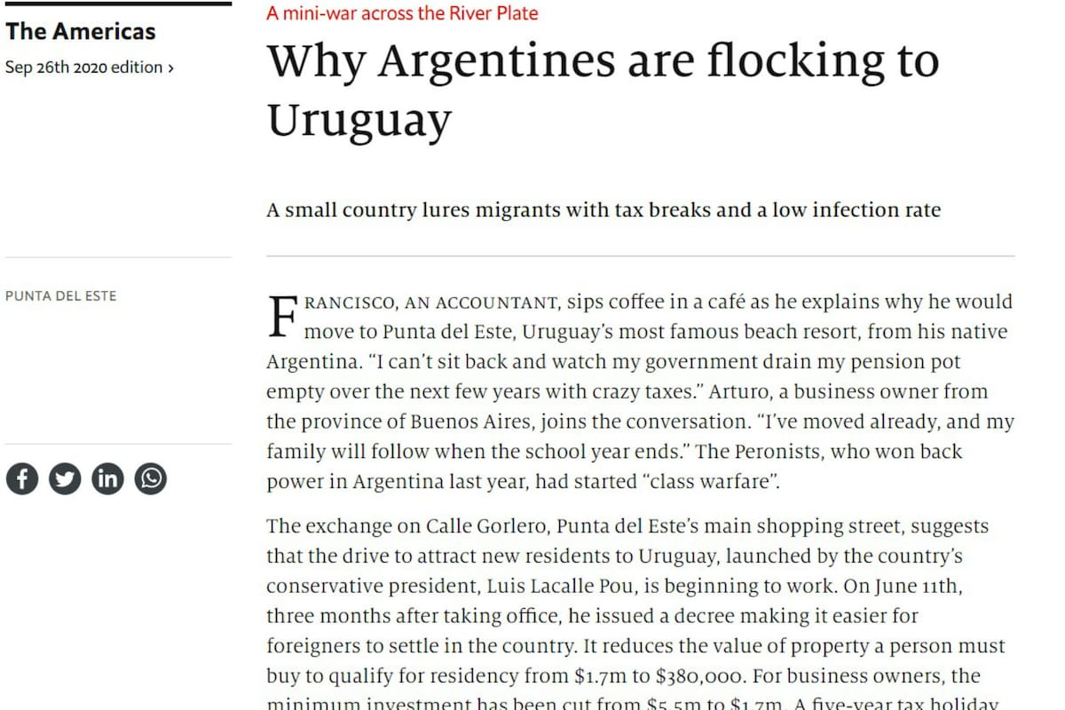 El artículo titulado "¿Por qué los argentinos acuden a Uruguay?" indica que los asesores de Lacalle Pou "esperan que 100.000 argentinos se relocalicen"
