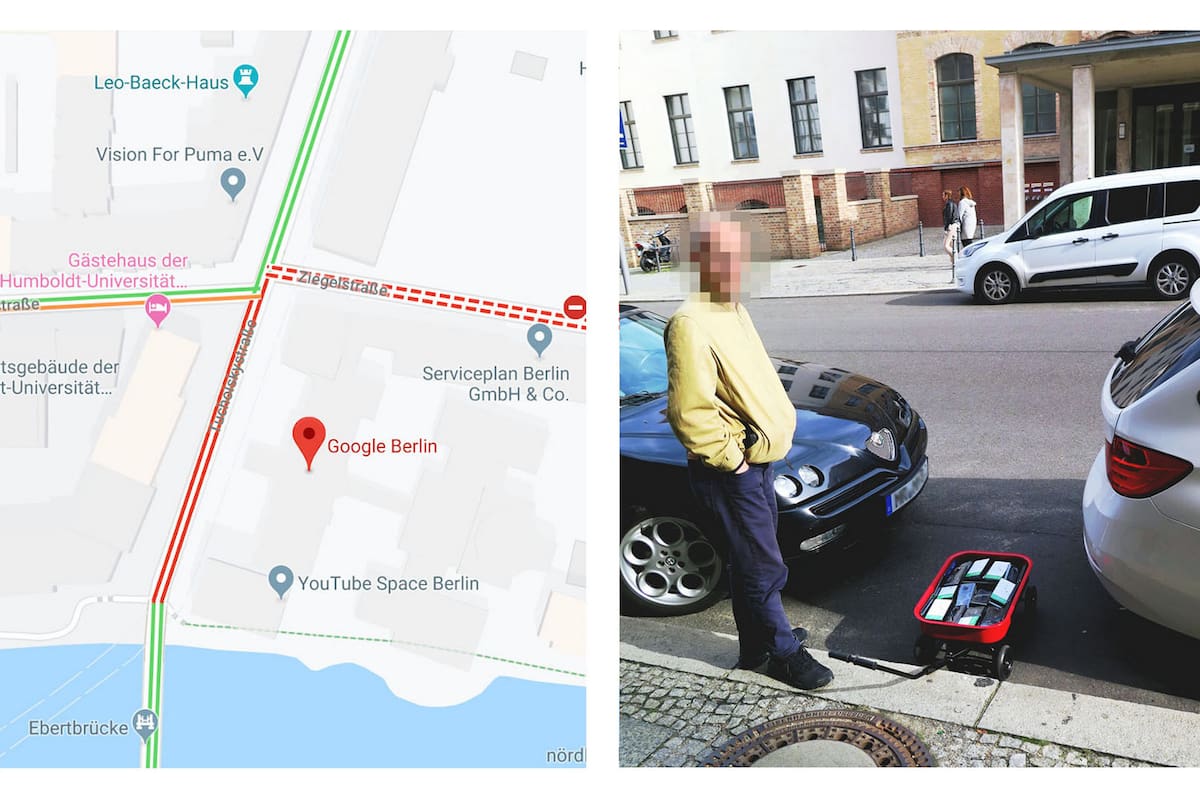 El artista conceptual Simon Weckert demostró que podía reportar un falso embotellamiento en Google Maps al pasear 99 celulares Android a paso de hombre con un carrito por las calles de Berlín