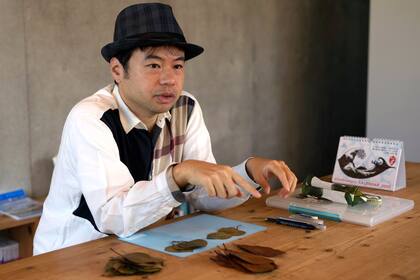 El artista japonés Lito habla de sus obras más recientes talladas en hojas naturales, durante una entrevista en Tokio el miércoles 27 de noviembre de 2024. (AP Foto/Shuji Kajiyama)