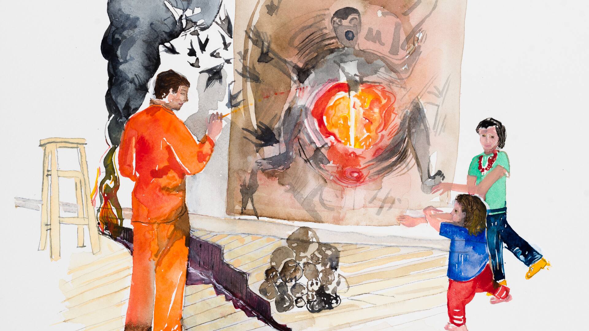 El artista Tomás Espina con sus hijos, en abril de 2020