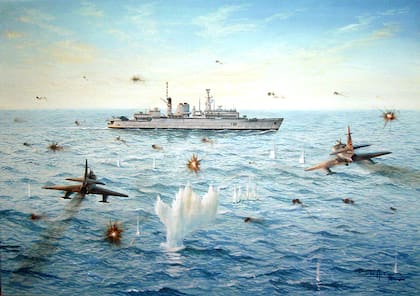 El ataque de la Fuerza Aérea de los pilotos Pablo Carballo y Carlos Alfredo Rinke a la HMS Broadsword, en la obra de Carlos Adrián García