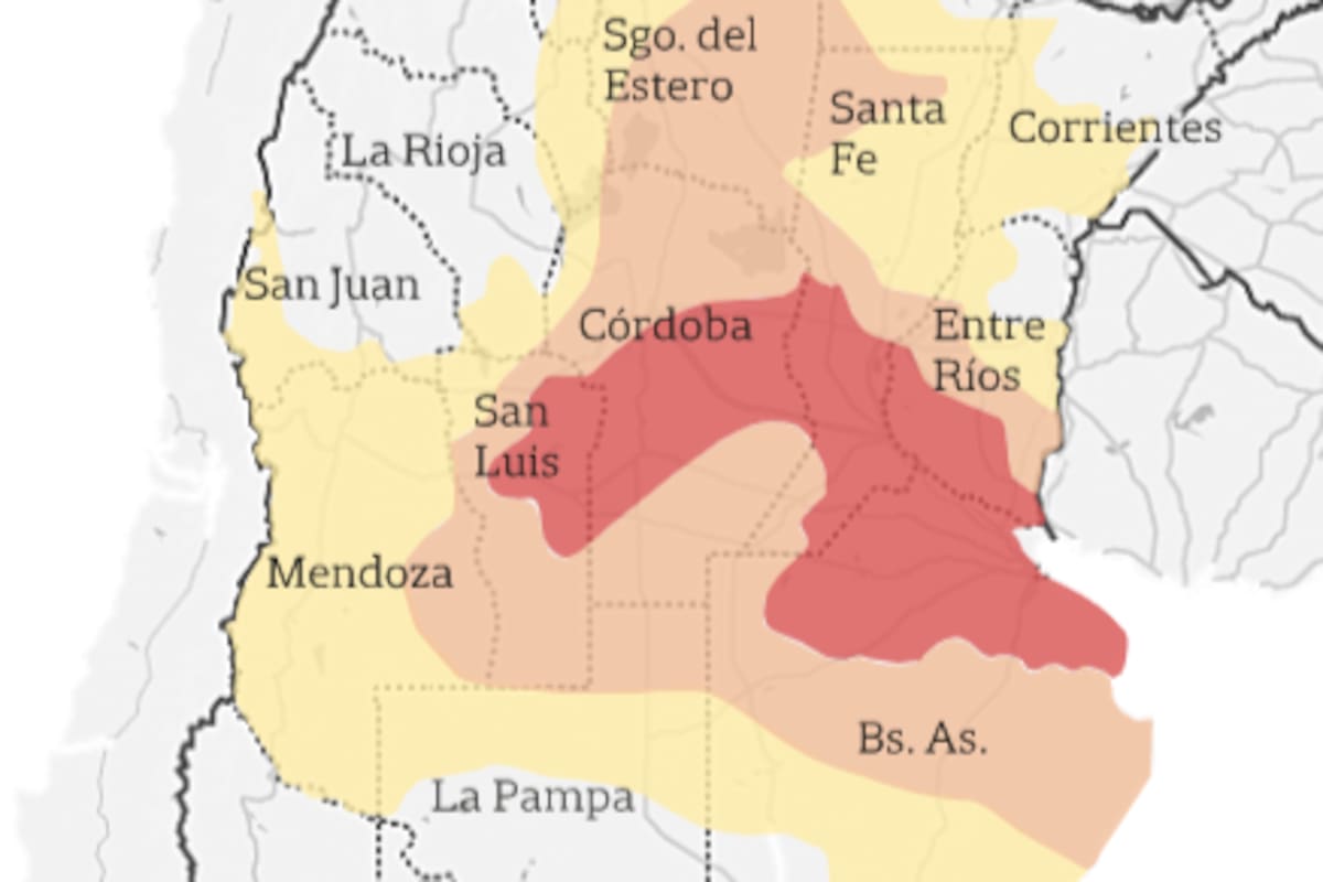 El avance de la sequia: en rojo, una situación severa; en naranja, una condición moderada, y en amarilla, leve