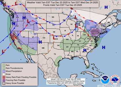 El avance del frente frío favorecerá el desarrollo de precipitaciones intensas en los valles de Ohio y Tennessee, así como en el Atlántico Medio, con una concentración de lluvias que se agudizará entre la noche del martes y la mañana del miércoles