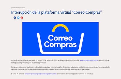 El aviso de cierre de Correo Compras.