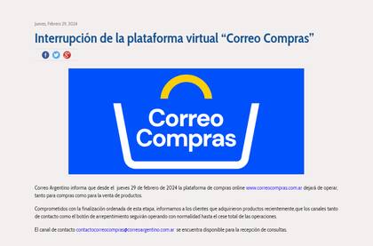 El aviso de cierre de Correo Compras anunció el fin de sus operaciones
