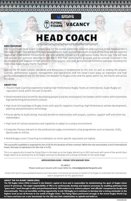 El aviso de la Unión de Rugby de Fiji en el que busca entrenador para su selección