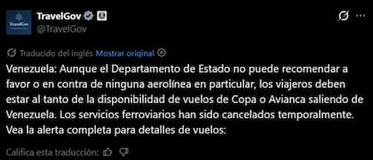 El aviso del Departamento de Estado sobre los vuelos desde Venezuela