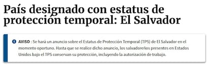El aviso en el sitio web del Uscis sobre el TPS para El Salvador
