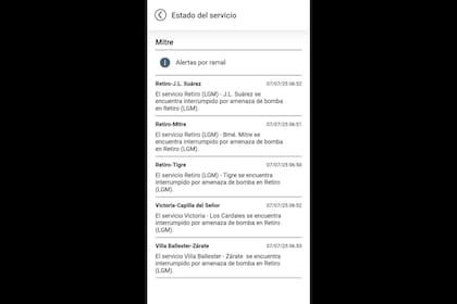 El aviso en la app de Trenes Argentinos