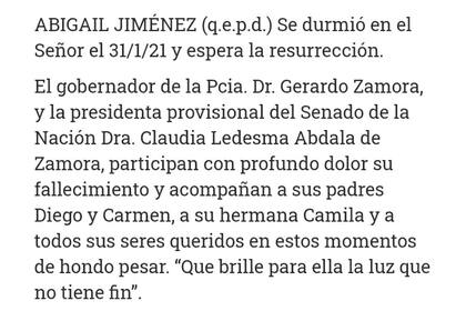 El aviso fúnebre en el diario El Liberal del gobernador y su esposa