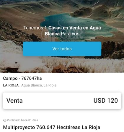El aviso publicado en la página de ZonaProp, que ahora figura como finalizado