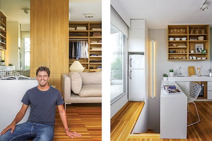 Izq. El arquitecto Rodrigo Battaglia en su depto con vista al Rio de la Plata. Der. El bajo mesada con puertas y cajones se diferencia del aparador de madera para la vajilla de uso diario. Silla ‘Bertoia’ de la casa anterior. Artefacto de luz lineal (Concepto y Luz)