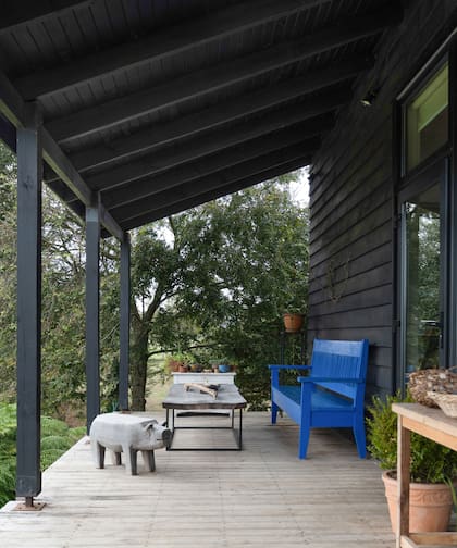 El banco se pintó de azul en honor a la casa de Frida Kahlo, tras una visita de la arquitecta a México; fue fabricado por un carpintero local y data de la primera casa que diseñó Andrea. La escultura del chanchito es icónica en la isla de Chiloé (Uñú).