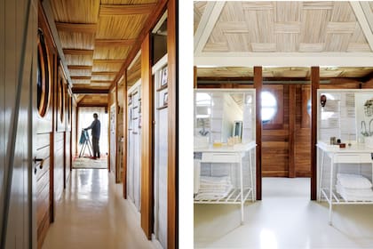 El baño, de inspiración náutica, tiene divisiones hechas con estructura de bambú patinado en blanco. Dos muebles gemelos de hierro y vidrio separan los lavatorios y las zonas más privadas. Todo obra de Eugenio.