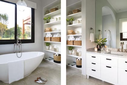 El baño de la suite tiene mueble con mesada de Carrara (Marmolería de Mori) y grifería ‘Tango’ (Robinet). Bañera exenta modelo ‘elipsa’ (Yacuzzi), canastos (Fraternidad), toallas (Luna Deco) y slippers plateadas (Summerlosophy).
