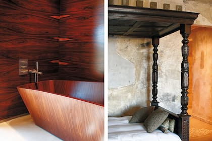El baño de la Suite Vik, enteramente hecho en jacarandá de la India por los hermanos Leal, de Montevideo. Al lado, el artista Eduardo Cardozo, trabajó directamente sobre las paredes, donde representó escenas del campo.