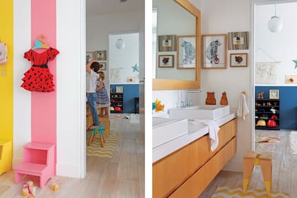Un antebaño común conecta las habitaciones de los hijos de Rosario, permitendo que tengan sus propios espacios y, al mismo tiempo, se acompañen y compartan momentos.