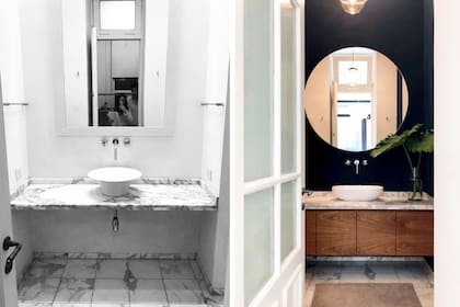 El baño se actualizó con pintura azul, un nuevo espejo redondo y el mueble bajomesada de petiribí.