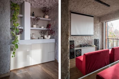 El bar que da apoyo al microcine, en lo que sería el placard del dormitorio. Sillones de Moblik. La celulosa proyectada (Biocelulosa) generó curiosidad entre los visitantes. Se veían los pellizcos en la pared y las miguitas junto a los zócalos.