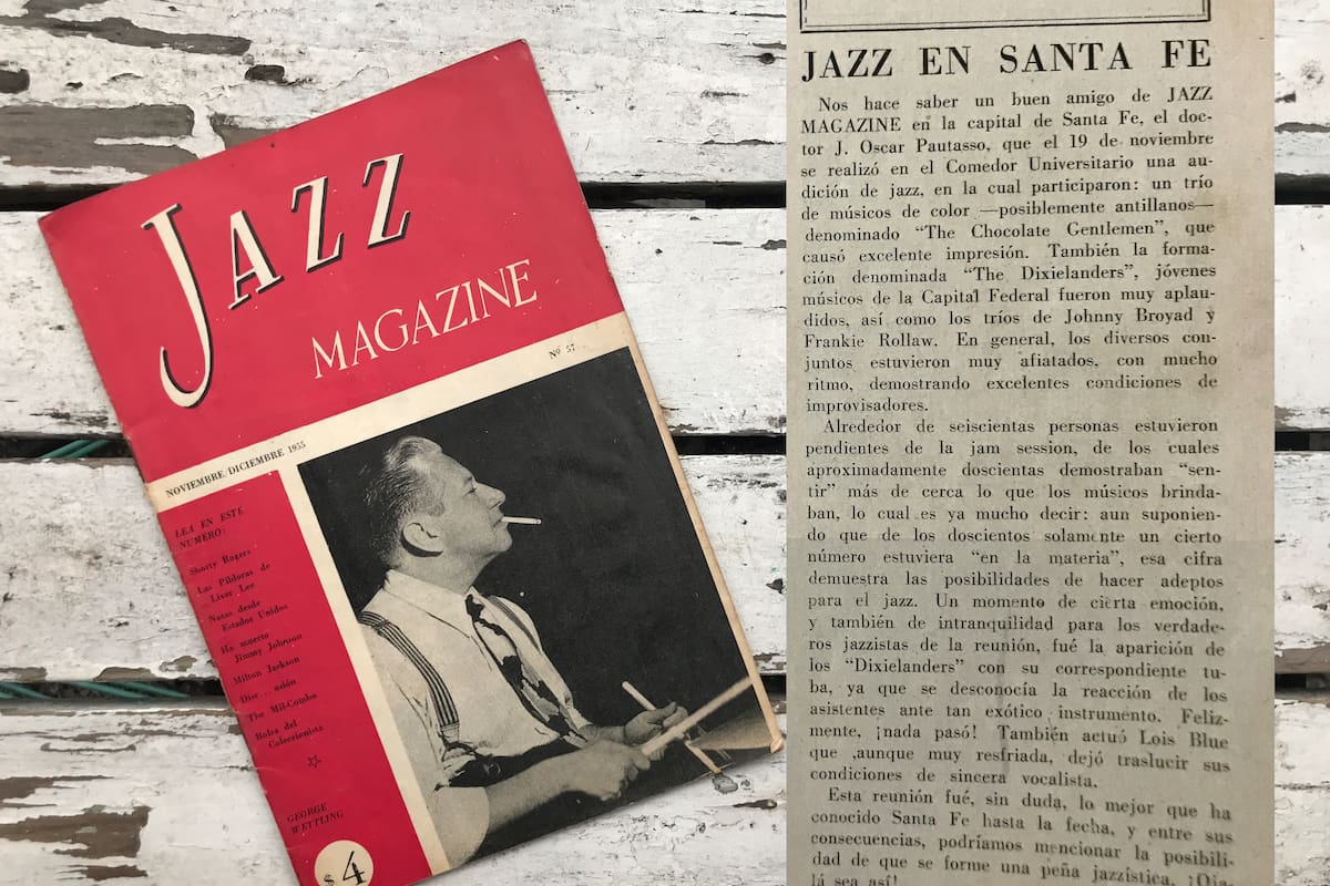 El baterista George Wettling en la portada del número 55 de la revista Jazz Magazine, y el artículo que da cuenta del concierto en la ciudad de Santa Fe organizado por el doctor J. Oscar Pautasso.