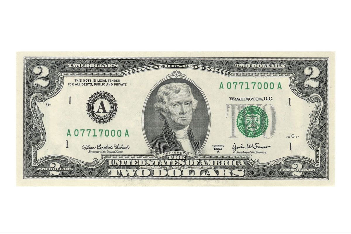 El billete de US$2 fue elegido como el más bonito por el Chat GPT (Archivo)