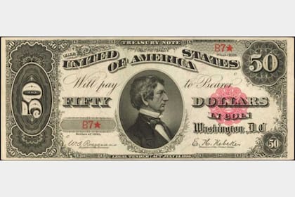 El billete de US$50 emitido en 1891 pertenece a una serie especial conocida como “Treasury Notes” o “Coin Notes”, que se imprimió entre 1890 y 1891 (Stacks Bowers)