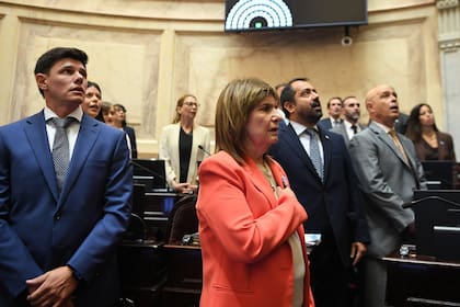 El bloque de senadores libertarios, con Bullrich a la cabeza, en la sesión por la reforma laboral