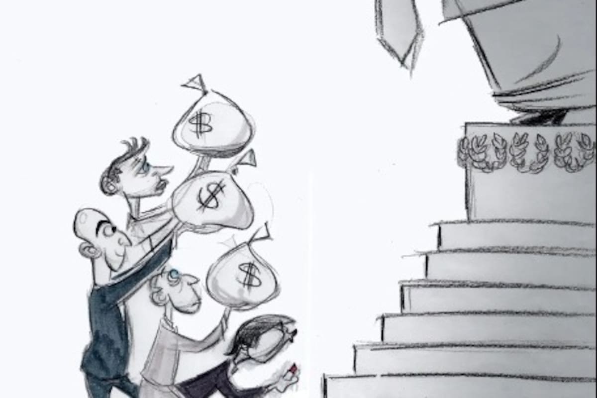 El boceto de la caricatura de Ann Telnaes, en la que se ve a Jeff Bezos, Mark Zuckerberg, Sam Altman, Patrick Soon-Shiong y el Ratón Mickey arrodillados ante una estatua del presidente electo Donald Trump