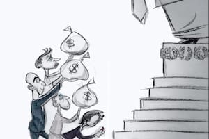 El boceto de la caricatura de Ann Telnaes, en la que se ve a Jeff Bezos, Mark Zuckerberg, Sam Altman, Patrick Soon-Shiong y el Ratón Mickey arrodillados ante una estatua del presidente electo Donald Trump