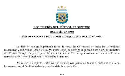 El boletín Nº 6940 obliga a interrumpir todos los partidos del fútbol local para homenajear a Lionel Messi