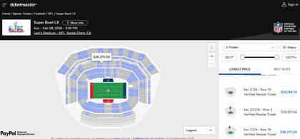 El boleto más caro para el Super Bowl 2026 en venta oficial, cuesta 36.000 dólares (Ticketmaster)